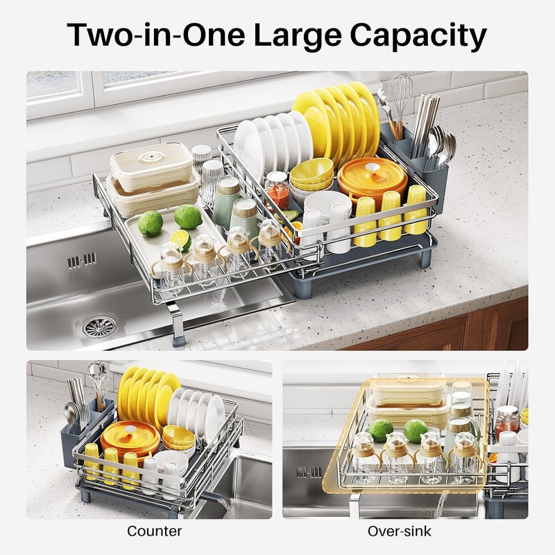 SNTD Dish Drying Rack - Extendable Dish Rack, Large Sink Drying Dish Drainer for Kitchen Counter, Stainless Steel Dish Strainer with Utensil Holder (Silver) - Image 2